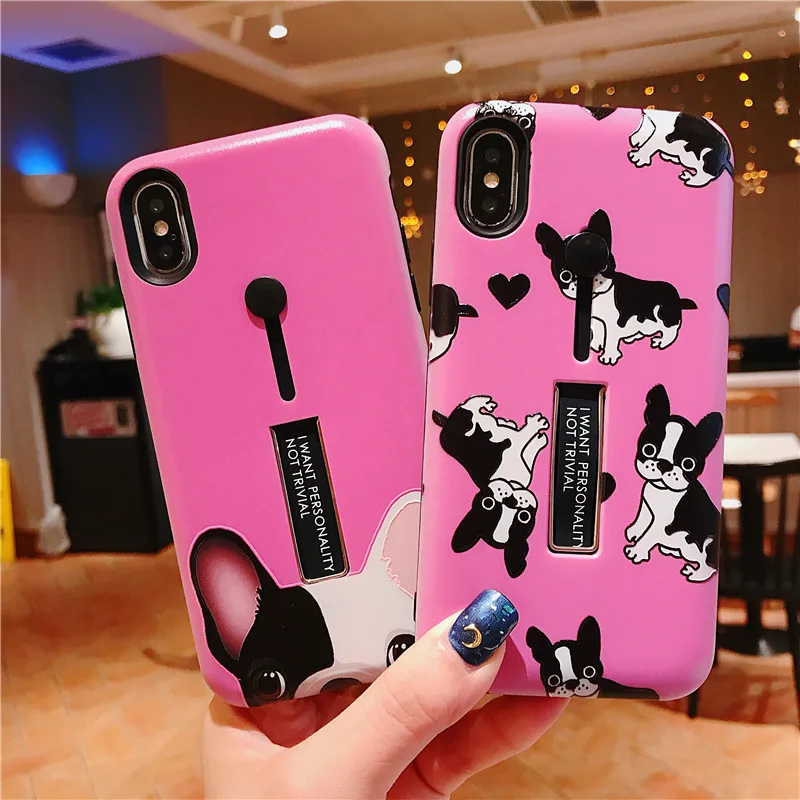 

For iphone 6 6s 7 8 Plus X Case Cartoon bulldog Soft silicon Ring Phone Case For iphone XS MAX XR Case Hide Stand Holder Cover
