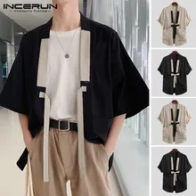 INCERUN, китайский стиль, мужская рубашка, кимоно, хлопок, однотонные, стиль Харадзюку, карманы, половина рукава, топы, уличная одежда, винтажные мужские повседневные рубашки