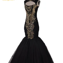Горячие сексуальные стоковые вечерние платья черного и золотого цвета, расшитое бисером, с высоким воротником длиной до пола вечернее платье со шлейфом QA1519