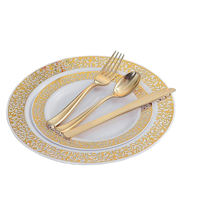 

150pcs Gold Lace Design Wedding Party Plastic Tableware Set,Gold Plastic Plates with Disposable Plastic Silverware for Party