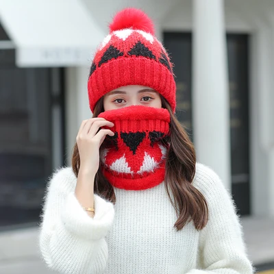 Зима утолщение теплый наборы шарф шапка для женщин Имитация лисьего Мех животных помпоном лоскутное вязаные шапочки шапки классически - Цвет: Red