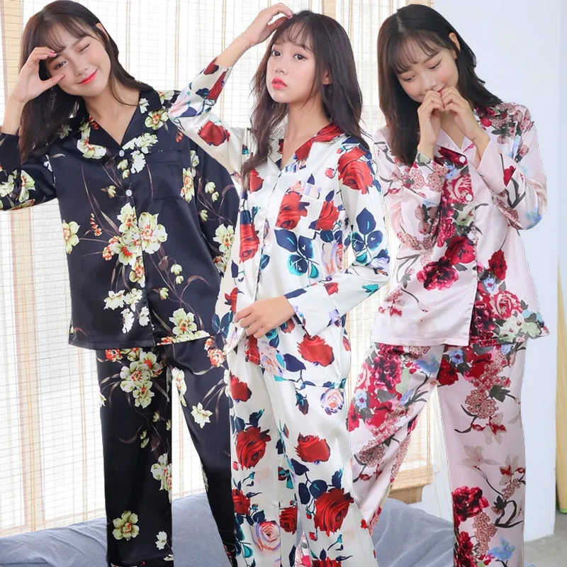 

2019 Spring High Quality Simulation Silk High Density Bomb Girl Wind Printing Cardigan Lapel Silk Home Service Sleepwear Suit