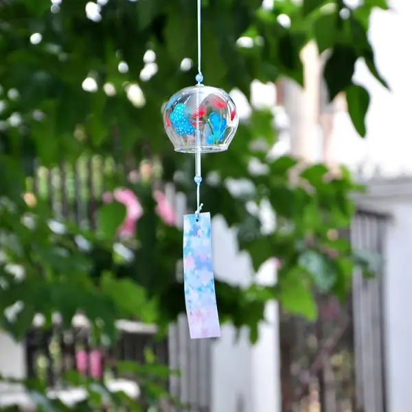 Japanese Culuture Glass Bell Furin Wind Chime Hanging Decor Butterfly Flower Pattern Decoration Crafts