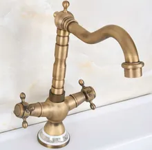

Antique Brass Dual Cross Handles Ceramic Base Bathroom Kitchen Basin Sink Faucet Mixer Tap Swivel Spout Deck Mounted mnf603