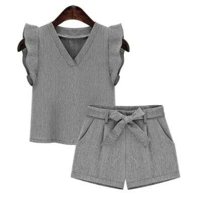 Лето, европейский стиль, женские комплекты, футболки и шорты, две части, для девушек, v-образный вырез, одноцветные костюмы, брендовая Дизайнерская одежда размера плюс - Цвет: Gray