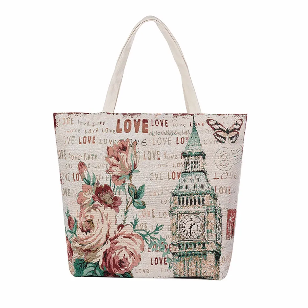 New High Quality Tower Flowers Canvas Tote Casual Beach Bags Women Shopping Handbags Hot Sale ...