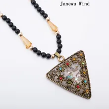 Janewu Wind retro style rhinestone flower Big Triangle Pendant Necklace women Black Beads long chain Mascot Necklace (with box)