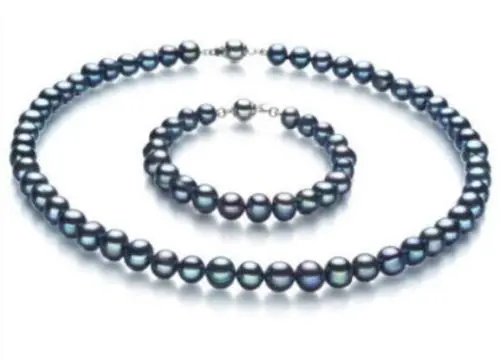 

Free Shipping >>>>> 8-9mm Australian south seas black blue pearl necklace 18inch bracelet 7.5inch