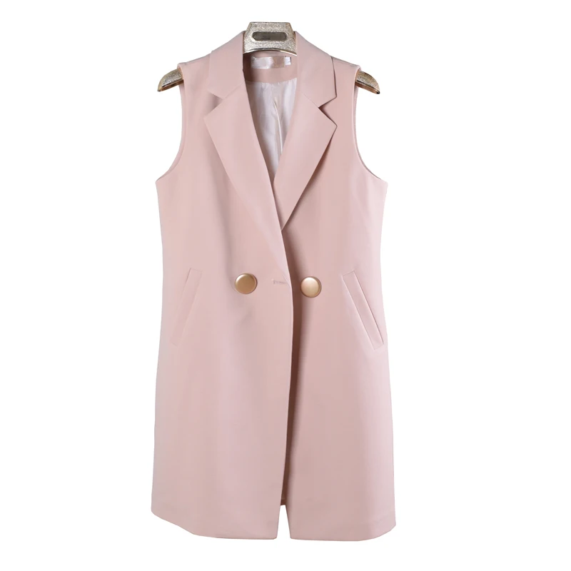Pink Office Long Vest Women Sleeveless Casual Vest Woman Double