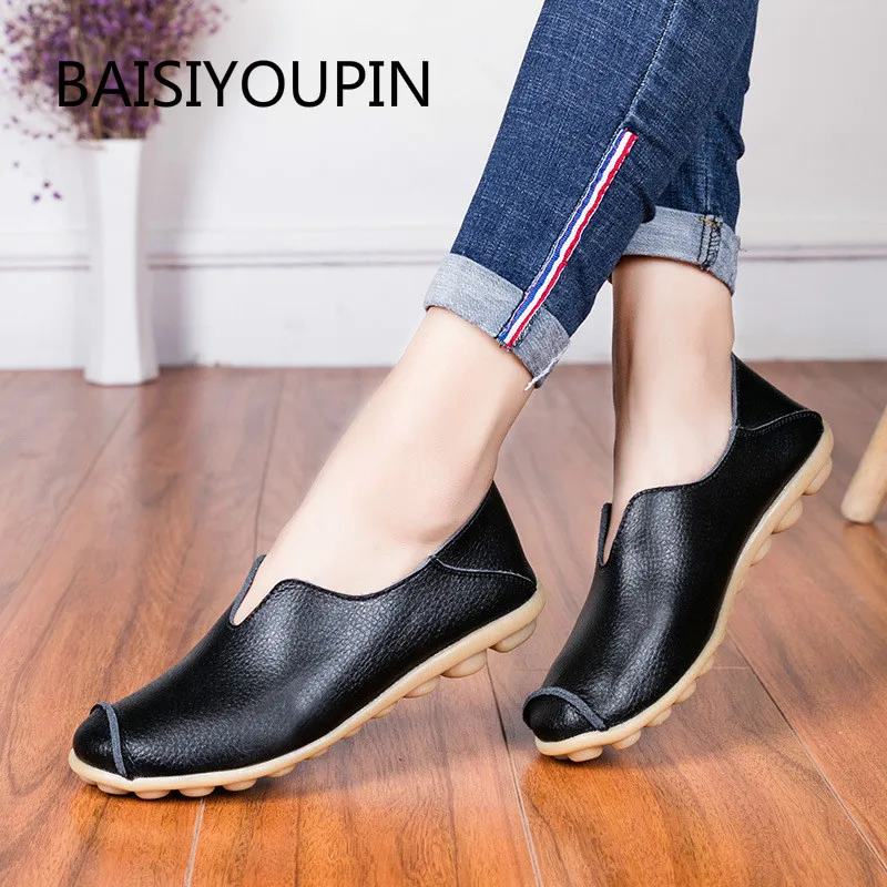 

Plus Size Solid Casual Female Shoes Platform Round Toe Slip-On Nurse Peas Shoes Genuine Leather Flat Sport Women Shoes 35-43