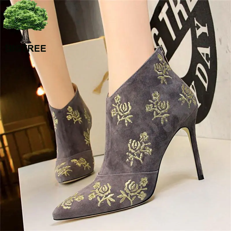 

BIGTREE Fashion Embroider Pattern Ankle Boots Women Pointed Toe Solid Flock Sexy Party Boots Women's High Heels Short Boots