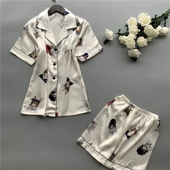 

Women Pajamas Set Cute Strawberry Printed Summer Thin Sleepwear Ladies Lovely 2Pcs Short Sleeve Silk Satin Homewear