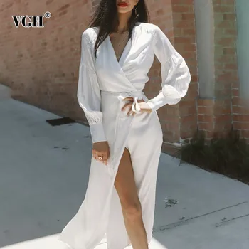 

VGH Korean A Line Women Dress V Neck Lantern Long Sleeve High Waist Slim Bandage Bow Hem Split Female Dresses Fashion New Summer