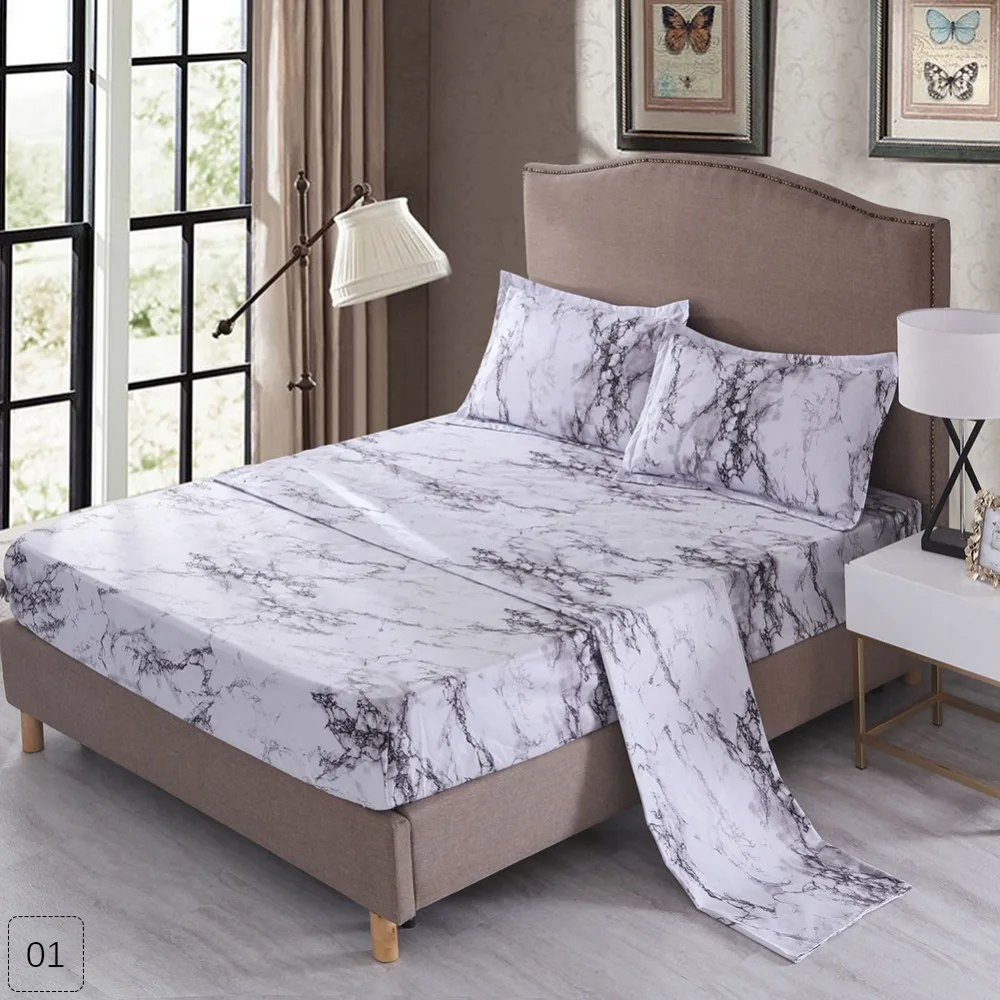 

4 in 1 Fitted Bed Sheet with Elastic Color Geometric Fitted Sheet Sets Pillowcase Duvet Cover King Set #287974