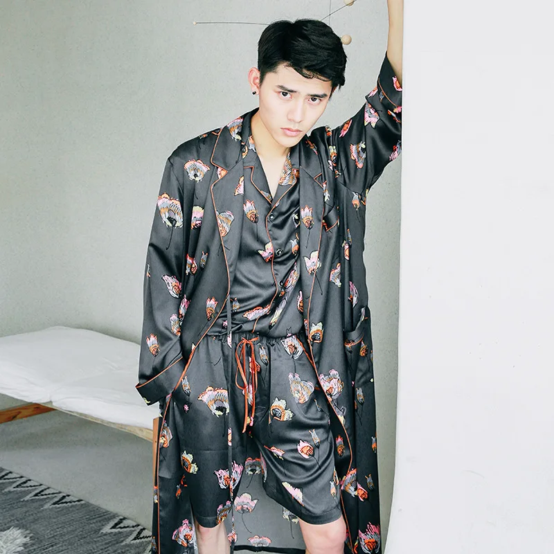 New silk nightgown summer men's printing silk thin long sleeved bathrobe men's large size men's three-piece set home sleepwear