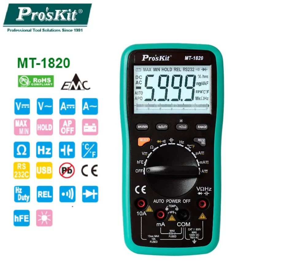 

Pro'skit MT-1820 3 5/6 Dual Display Multifunction Digital Multimeter High Precision USB with Computer Anti-burning Multimeter