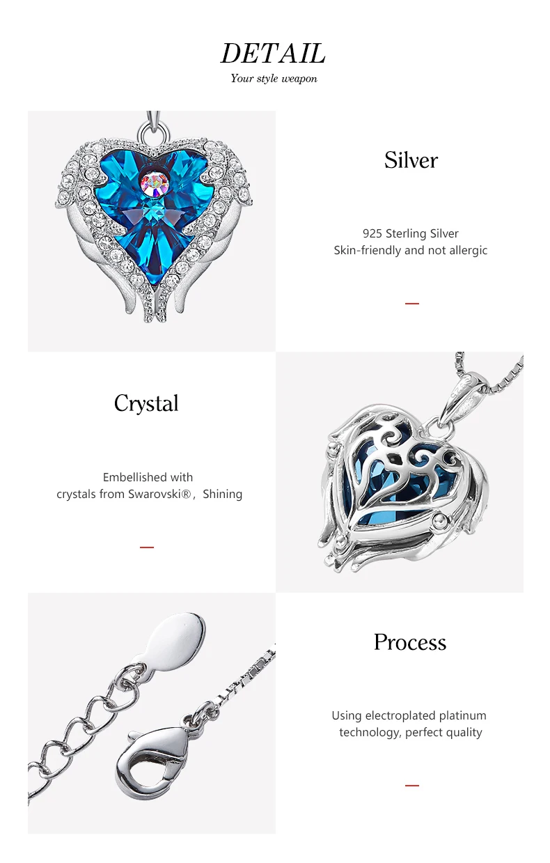 Crystal Heart Angel Wings Pendant 925 Sterling Silver Necklace Earrings Set Fashion Jewelry