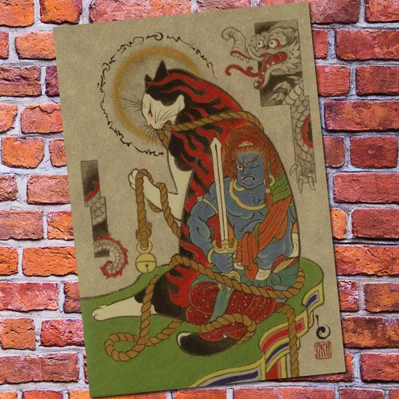 Уютный момент японский самурайский Кот/тату Кот ВИНТАЖНЫЙ ПЛАКАТ для кафе-бара настенная декоративная живопись постер QT3842 - Цвет: Цвет: желтый