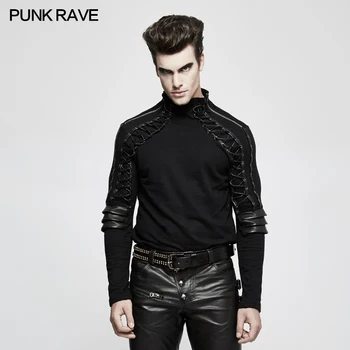 

PUNK RAVE Men's Steampunk Armor Black Tops Gothic Streetwear Cotton Turtleneck Long Sleeve Men's T-shirt Personality Tops