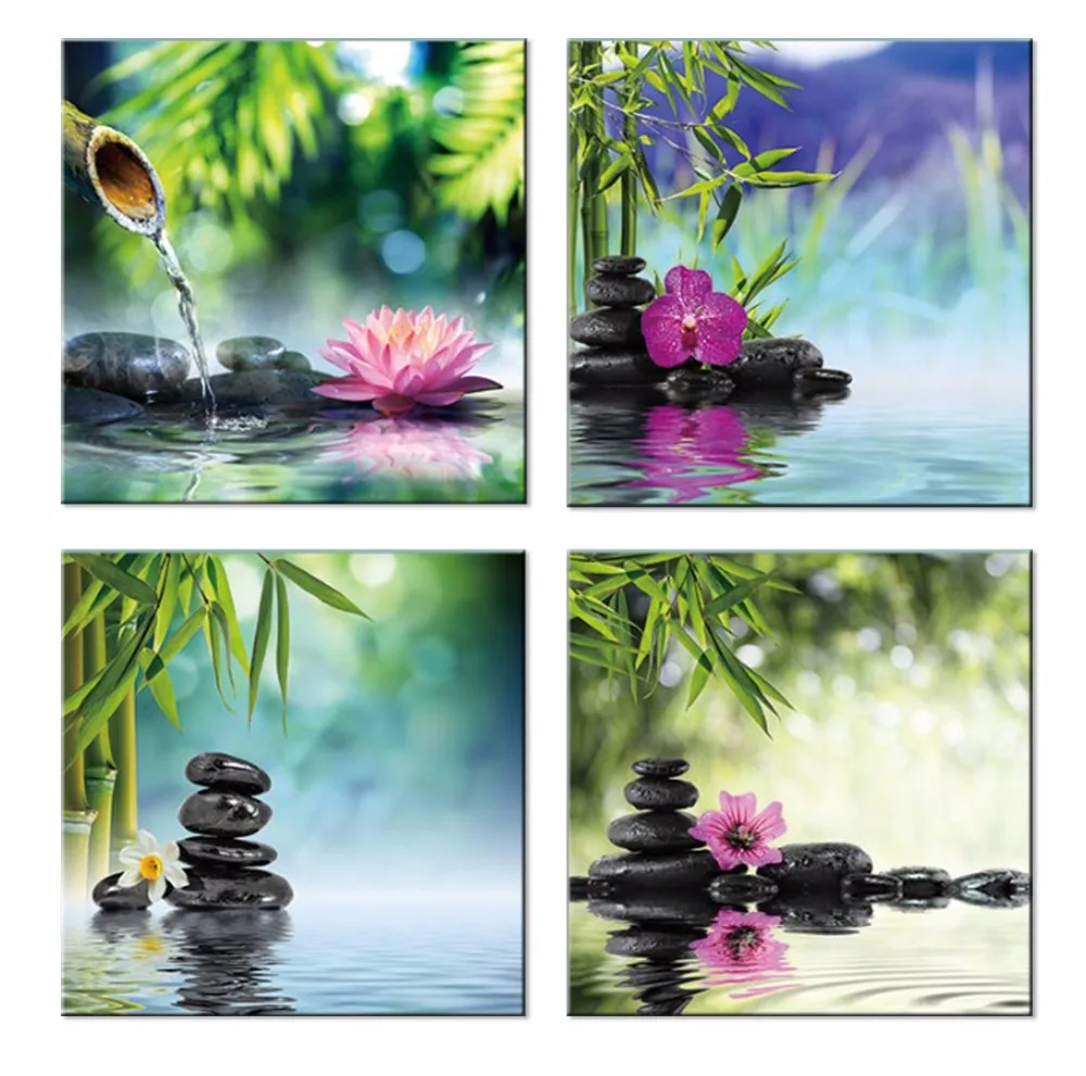 

Canvas Painting Wall Art Picture Decoration Green Bamboo Pink 4 Panel Modern Zen Stone Canvas Painting Giclee Art