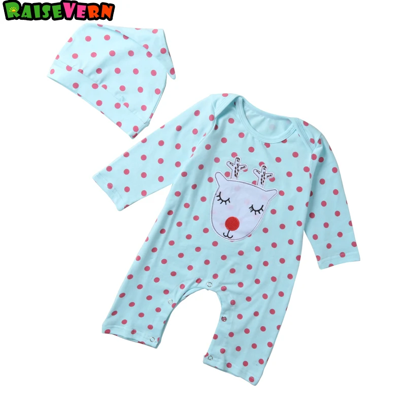 

2017 Children Christmas Clothes Baby Girl Overalls Cute Cotton Blue Long Sleeve Cartoon Fawn Dot Rompers+Hat 2pcs Sets Jumpsuit
