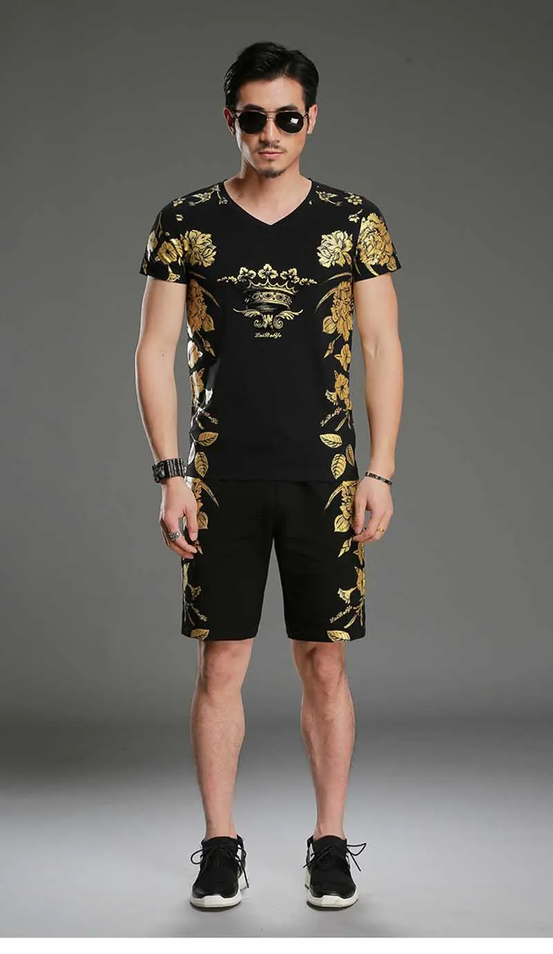 Летние шорты комплекты футболка с коротким комплект из 2 предметов с цветочным принтом спортивный костюм Для мужчин Повседневное футболка