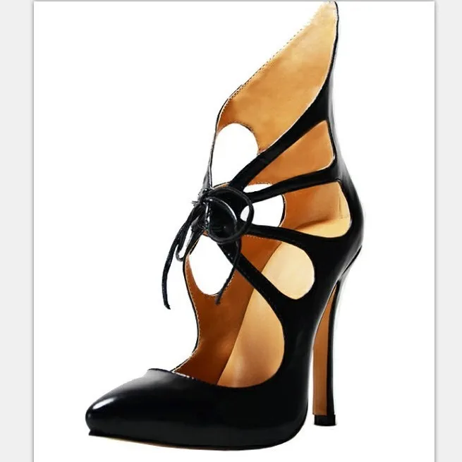 

Custom-Made Black Angle Cut-out Faux Leather Women's Stiletto Heel Shoes Gladiator Closed Pointed Toe Scarpins Women Shoes 2015