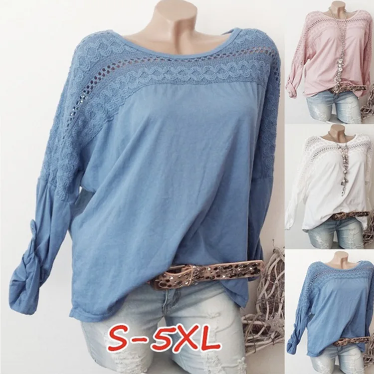 

Large size Ladies Blouse 2019 new openwork lace pullable long-sleeved shirt solid color round neck large size Women's shirt