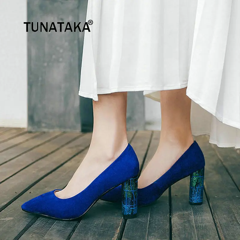 

Women Suede Comfortable Thick High Heel Bling Slip On Lazy Shoes Fashion Shallow Pointed Toe Dress Pumps Black Blue