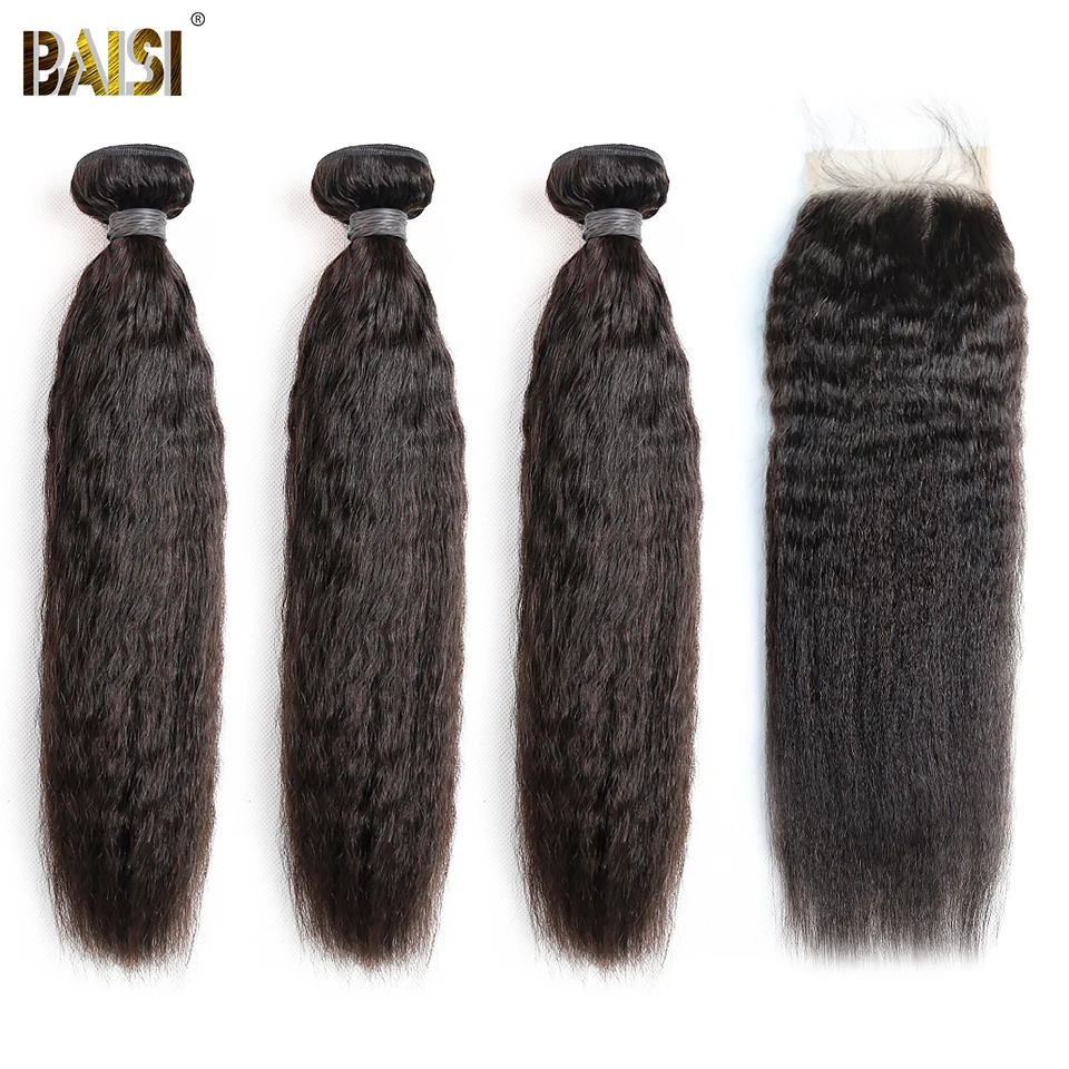 

BAISI Hair Brazilian Kinky Straight 8A Virgin Hair Weave 3 Bundles with Closure 100% Human Hair