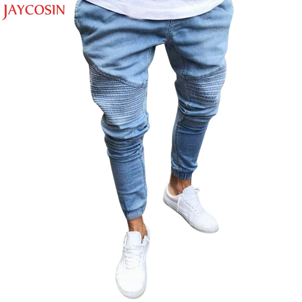 JAYCOSIN Для мужчин осень Эластичный Slim Fit джинсовые штаны Повседневное однотонные Длинные прямые брюки обтягивающие джинсы на молнии синий