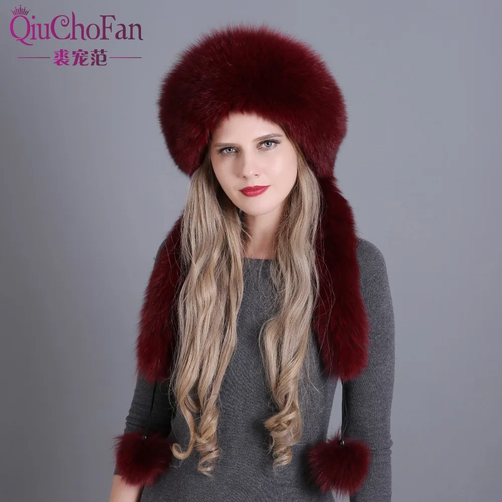 Gorros de invierno para mujer con piel de zorro y piel de conejo con 2 pompones de cola de zorro entera de invierno ruso fuera de cálidas gorras de Mongolia - 2