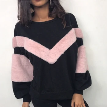 

NEW Warm Women Plush Sweatshirt Stitching Long Sleeve Patchwork Pullover Tops Sweatshirt Jumper