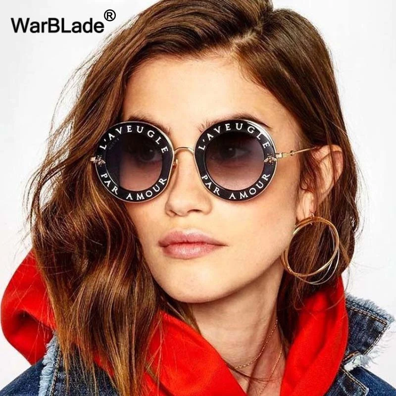 round sunglasses women WarBLade Retro Round English Letters Little Bees Sunglasses Fashion Brand Designer Metal Frame Sun Glasses Women Shades Oculos women's sunglasses