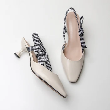 

3 Color women's genuine leather slingback high heel dress sandals pointed toe elegant ladies evening pumps bowtie korean shoes