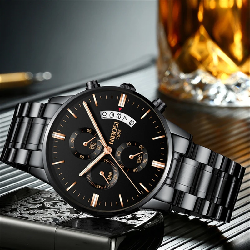 Часы наручные NIBOSI Мужские кварцевые роскошные деловые водонепроницаемые с