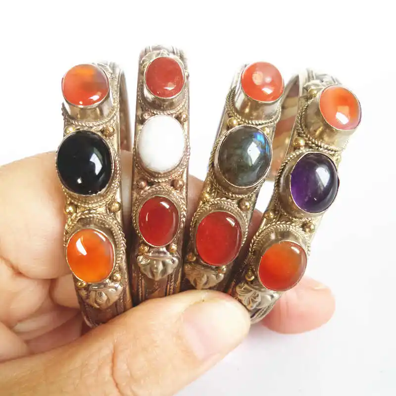 

BB-177 Indian Rose Copper Inlay Natural Stone Beads Open Cuff Bangles Red Carnelian