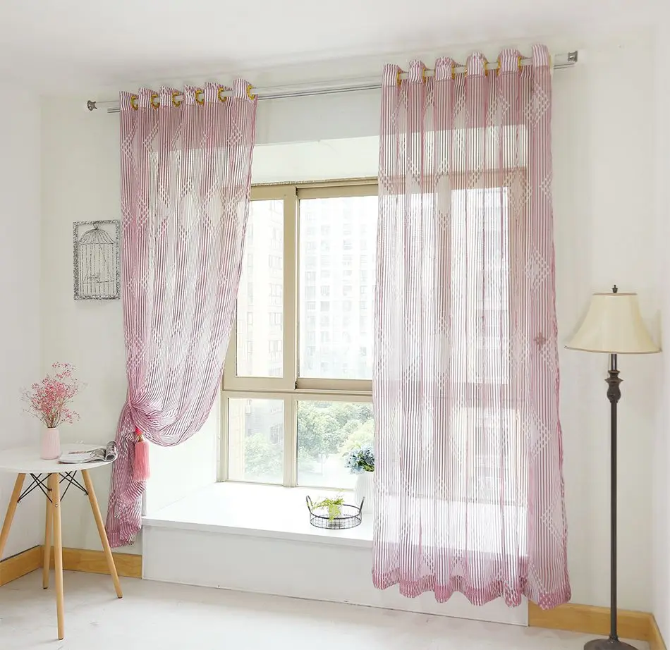 Новейшая Высококачественная элегантная розовая пряжа в полоску, тюль для окна, занавеска для гостиной, отвесное постельное белье, украшение для комнаты, кофейная занавеска