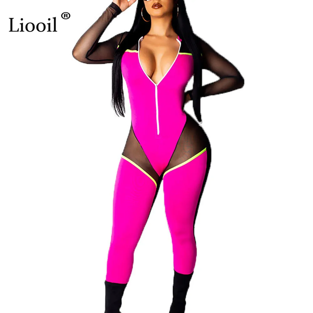 

Liooil Color Block Mesh Sexy Jumpsuits For Women 2019 Long Sleeve Zipper Bodycon Party Club Rompers Womens Jumpsuit Overalls