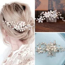 TREAZY Trendy Simulated Pearl Flower Bride Hair Combs Wedding Hair Accessories Luxury Handmade Hairpins Bridal Hair