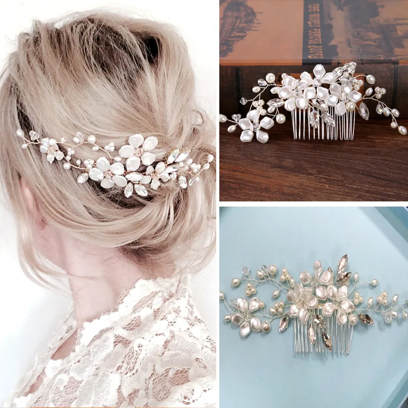 TREAZY Trendy Simulated Pearl Flower Bride Hair Combs font b Wedding b font Hair Accessories font