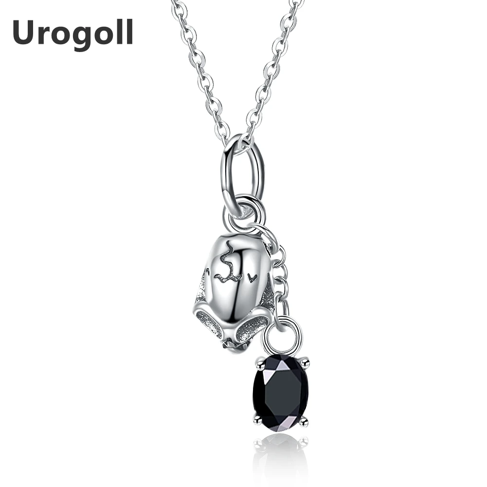 

New Genuine 925 Sterling Silver Necklace For Women Skull Black Cubic Zirconia Pendant Necklace Girls Gift