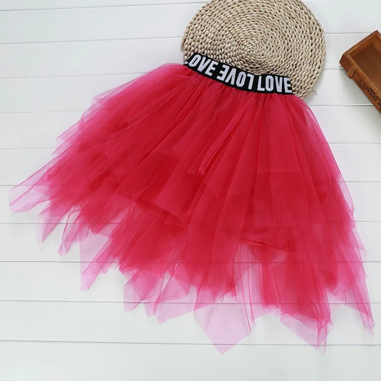 Сезон весна-лето; юбка-пачка для девочек; Многослойная юбка для малышей; детская юбка; модная однотонная сетчатая юбка с надписью для детей 3-12 лет - Цвет: red