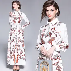 2018 новые осенние женские Модные Костюмы отложной воротник одежда с длинным рукавом платье с цветочным принтом Длинные платья женские