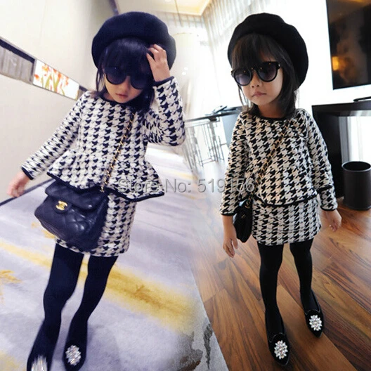 

Free Shipping 2016 Newest Autumn And Winter Children's Houndstooth Printing Velvet Dress Sets Girl's Long-Sleeved Dress