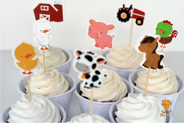24 Pcs Lot Farm Animal Theme Party Supplies Cartoon Cupcake
