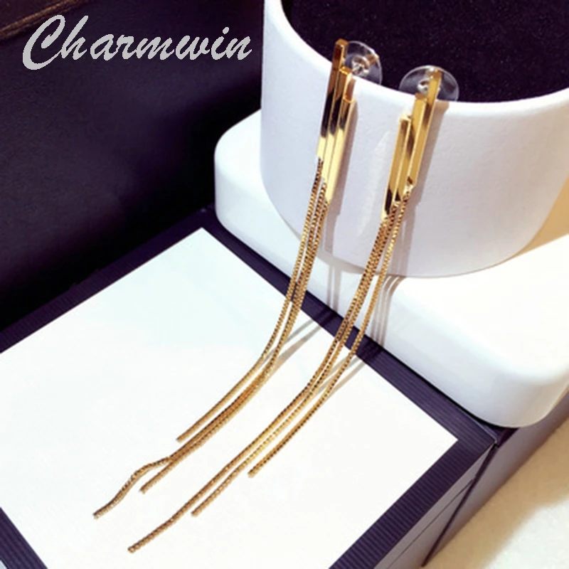 Charmwin новые модные женские крупные металлические длинные висячие серьги с