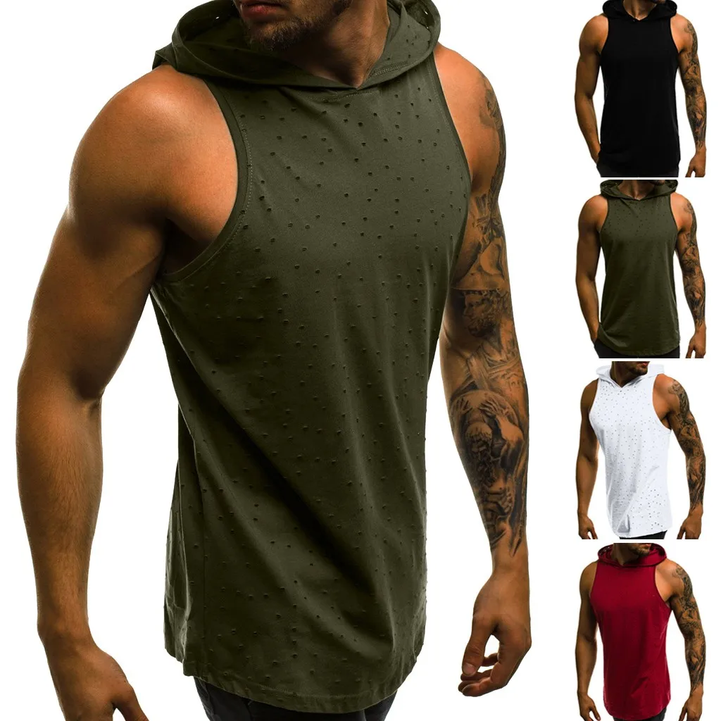 

NEW fashion Men Fitness Muscle Hole Sleeveless Hooded Bodybuilding Skin Tight-drying Tops men summer blouses 2019