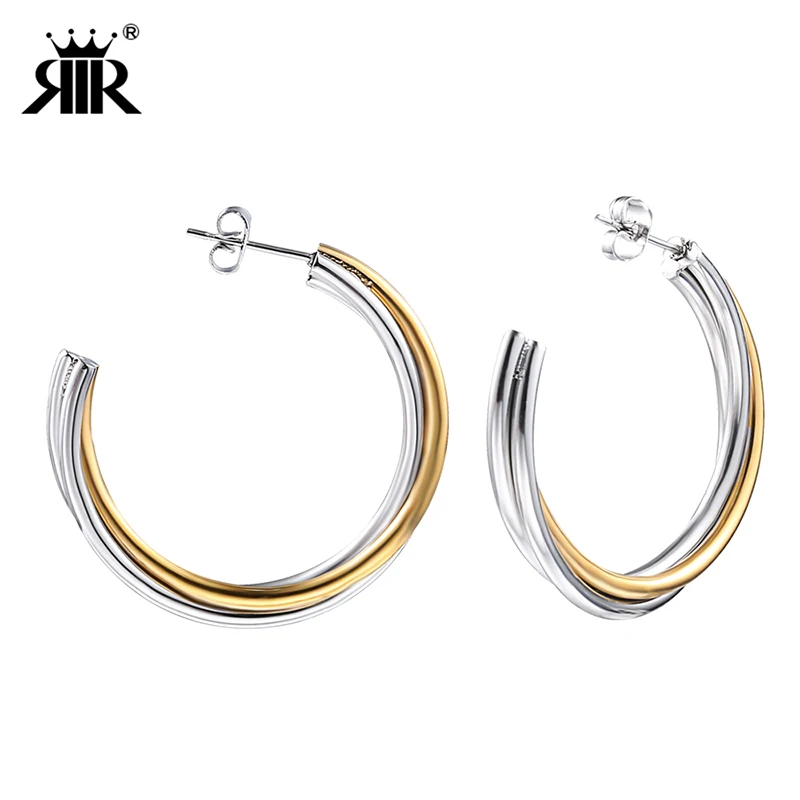 

RIR Gold Filled Hinged Hoop 33mm x 34mm Circle Hoop Flex Earrings Silver and Gold Tone Half Round Women Ear Jewelry In Stainless