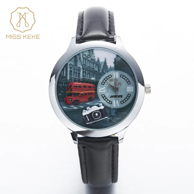 

Miss Keke Cartoon Watch Women 3D Clay Bus Camera Quartz Watches Black Leather Retro Nostalgic Girls Waterproof Wristwatches 885